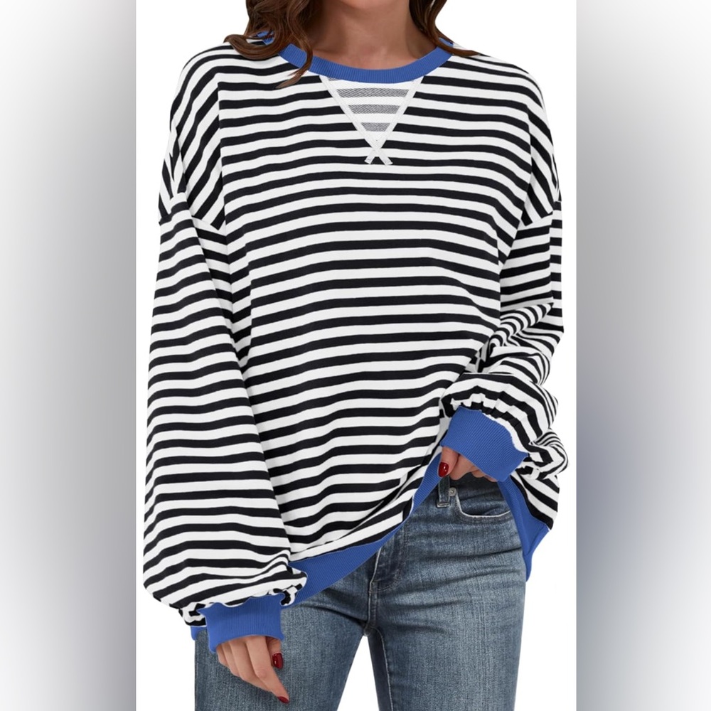 Black and White Striped Sweater with Blue Cuffs